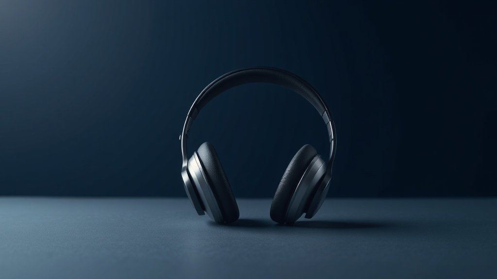A single pair of sleek over-ear headphones resting on a minimal flat surface, shot in a clean studio environment against a deep navy background. Soft directional side lighting catches the smooth curves of the ear cups and the padded headband, casting a gentle shadow beneath. The composition is centered and balanced, emphasizing premium materials and modern design.