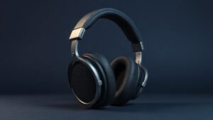 A single pair of open-back over-ear studio headphones resting upright on a minimal surface, showcasing the mesh ear cups and padded headband in crisp detail. Shot against a deep navy background with soft directional side lighting that highlights the metallic accents and fabric cushions. Clean, elegant, and photorealistic studio composition with no distractions.