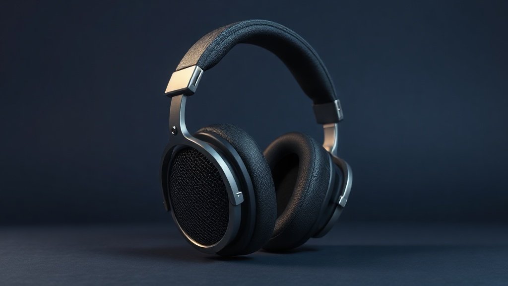 A single pair of open-back over-ear studio headphones resting upright on a minimal surface, showcasing the mesh ear cups and padded headband in crisp detail. Shot against a deep navy background with soft directional side lighting that highlights the metallic accents and fabric cushions. Clean, elegant, and photorealistic studio composition with no distractions.