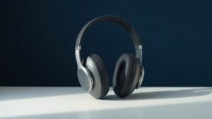 A single pair of modern over-ear headphones resting upright on a minimal white surface against a deep navy background. Soft directional studio lighting from the left casts gentle shadows, highlighting the smooth matte ear cushions and sleek headband. The composition is centered and balanced, emphasizing clean lines and premium materials with a calm, professional aesthetic suited to a home office setting.