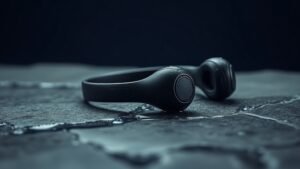 A single pair of waterproof wireless swimming headphones rests on a smooth wet stone surface, water droplets beading across the sleek matte black casing. The studio background is deep navy, fading softly into shadow. Cool side lighting catches the curved contours and sealed ear hooks, highlighting the durable rubberized finish. Clean, minimal composition with subtle reflections beneath the headphones.