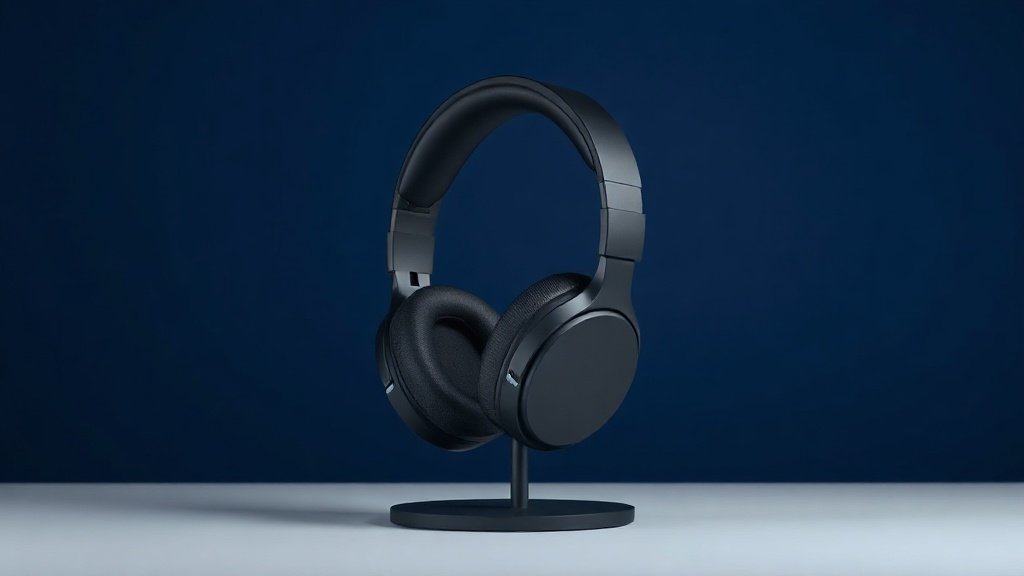 A single sleek wireless gaming headset resting upright on a minimal stand against a deep navy background. The headset features a bold over-ear design with subtle RGB accent lighting along the earcups and headband. Soft directional side lighting casts gentle shadows that emphasize the contoured curves and premium matte finish. Clean, modern studio atmosphere with no distractions.