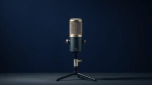 A single large-diaphragm condenser microphone stands upright on a sleek black desk stand against a deep navy background. Soft diffused studio lighting falls gently from the left, casting subtle shadows that define the microphones cylindrical body, metal mesh grille, and polished chrome accents. The scene feels clean, precise, and professionally composed with no distractions.