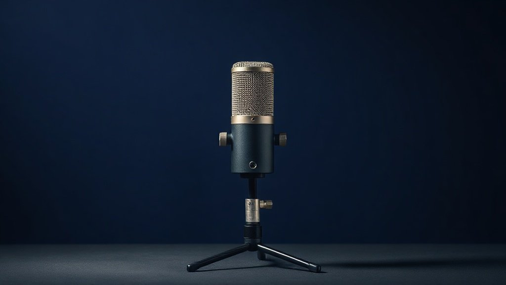 A single large-diaphragm condenser microphone stands upright on a sleek black desk stand against a deep navy background. Soft diffused studio lighting falls gently from the left, casting subtle shadows that define the microphones cylindrical body, metal mesh grille, and polished chrome accents. The scene feels clean, precise, and professionally composed with no distractions.