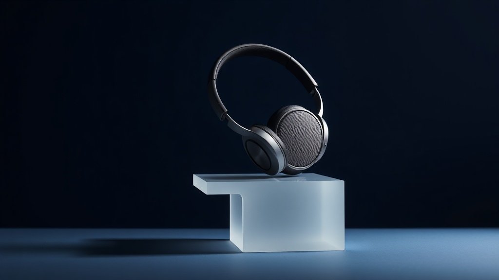 A single pair of premium over-ear planar magnetic headphones resting on a minimalist white acrylic stand against a deep navy background. Soft directional studio lighting from the left casts gentle shadows that reveal the intricate detail of the flat driver housing and precision metal headband. The ear cups face slightly forward, showcasing the distinctive oval shape and fine mesh grille surface. Clean, elegant, and refined.