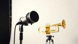 A large diaphragm condenser microphone on a studio boom stand positioned in front of a gleaming brass trumpet resting on a stand, clean off-white studio background, soft side lighting from the left, photorealistic product photography style, minimal shadow, 16 by 9 horizontal frame, no people, no text