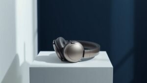 A single pair of premium over-ear headphones resting on a minimal white surface against a deep navy background. Soft diffused side lighting highlights the smooth curves of the cushioned ear cups and polished headband, casting a gentle shadow beneath. The scene is clean, composed, and studio-perfect with rich tonal contrast and sharp photorealistic detail throughout.