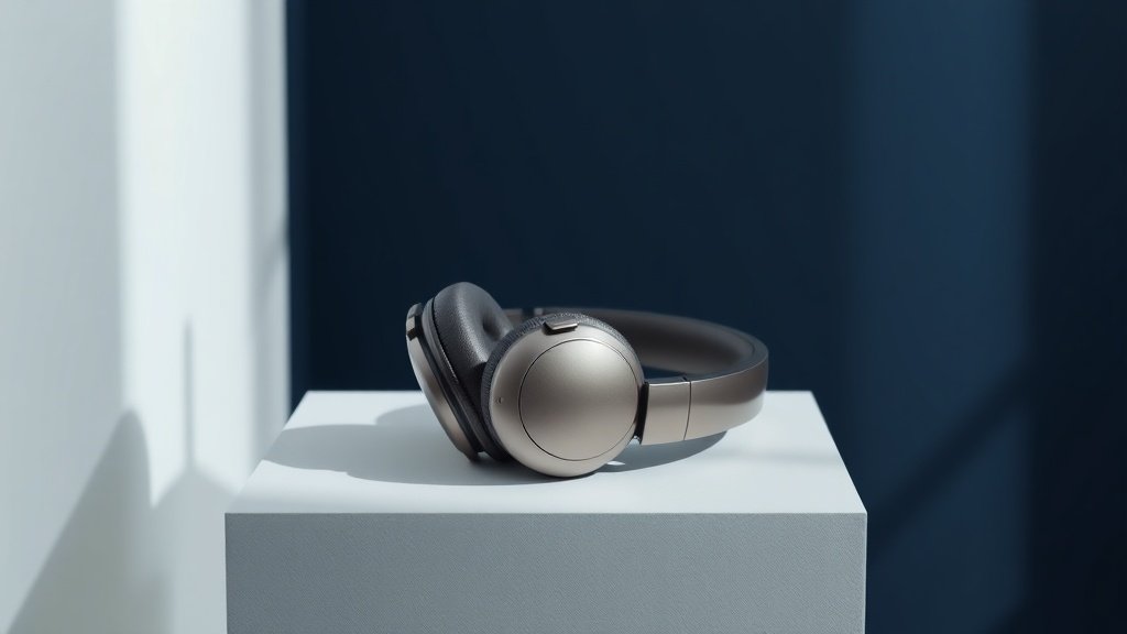 A single pair of premium over-ear headphones resting on a minimal white surface against a deep navy background. Soft diffused side lighting highlights the smooth curves of the cushioned ear cups and polished headband, casting a gentle shadow beneath. The scene is clean, composed, and studio-perfect with rich tonal contrast and sharp photorealistic detail throughout.