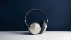 A single pair of sleek over-ear headphones resting on a minimal white surface against a deep navy background. Soft directional studio lighting catches the brushed metal headband and smooth cushioned earcups, creating subtle shadows and gentle highlights that emphasize premium craftsmanship and refined contours. The composition is centered, clean, and elegantly sparse with no distractions.