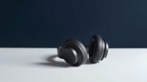 A single pair of sleek over-ear wireless headphones resting on a minimal white surface against a deep navy background. Soft diffused side lighting catches the smooth matte curves of the headband and earcups, casting a gentle gradient shadow beneath the product. The composition is centered and clean with generous negative space, conveying premium audio quality through understated modern styling.
