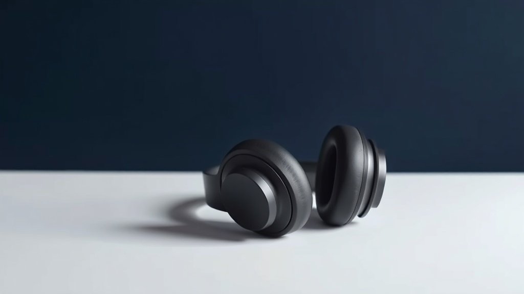 A single pair of sleek over-ear wireless headphones resting on a minimal white surface against a deep navy background. Soft diffused side lighting catches the smooth matte curves of the headband and earcups, casting a gentle gradient shadow beneath the product. The composition is centered and clean with generous negative space, conveying premium audio quality through understated modern styling.
