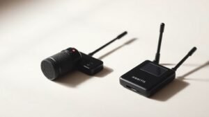 A small omnidirectional lavalier microphone capsule resting on a clean off-white studio surface beside a compact wireless bodypack transmitter, soft directional side lighting from the left casting gentle shadows, photorealistic product photography, deep contrast, 16:9 horizontal frame, no people, no text, no background clutter.