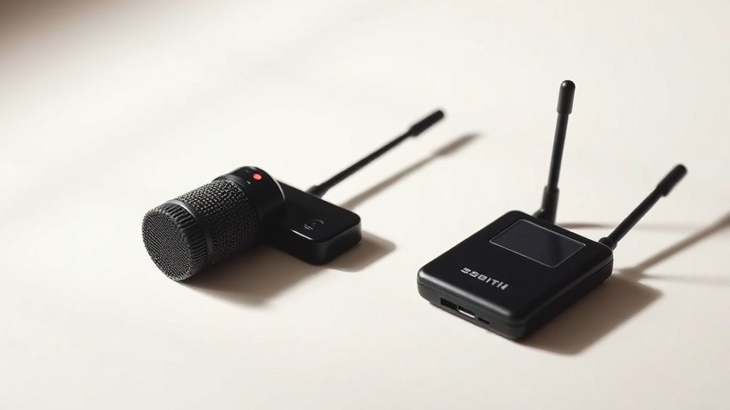 A small omnidirectional lavalier microphone capsule resting on a clean off-white studio surface beside a compact wireless bodypack transmitter, soft directional side lighting from the left casting gentle shadows, photorealistic product photography, deep contrast, 16:9 horizontal frame, no people, no text, no background clutter.