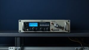 A hardware compressor unit sitting on a studio rack shelf against a deep navy background, soft side lighting catching the VU meter and front panel controls, photorealistic product photography, clean minimal composition, 16 by 9 horizontal format, no people, no text, no watermarks