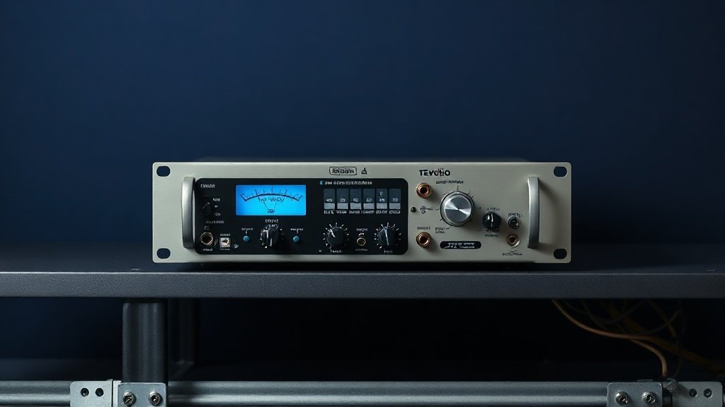 A hardware compressor unit sitting on a studio rack shelf against a deep navy background, soft side lighting catching the VU meter and front panel controls, photorealistic product photography, clean minimal composition, 16 by 9 horizontal format, no people, no text, no watermarks