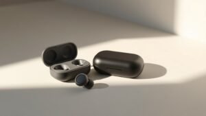 A pair of premium wireless earbuds resting beside their charging case on a clean off-white studio surface, soft directional side lighting casting gentle shadows, photorealistic product photography, no people, no text, deep contrast on matte surfaces, 16 by 9 horizontal composition, minimalist background.