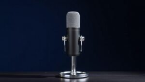 A single dynamic vocal microphone stands upright on a low-profile chrome desk stand, centered against a deep navy studio background. Soft diffused side lighting catches the fine mesh grille and cylindrical body, casting a subtle shadow to the right. The polished and matte metal surfaces reflect gentle highlights, giving the scene a sleek, professional editorial quality suited for an audio gear comparison article.