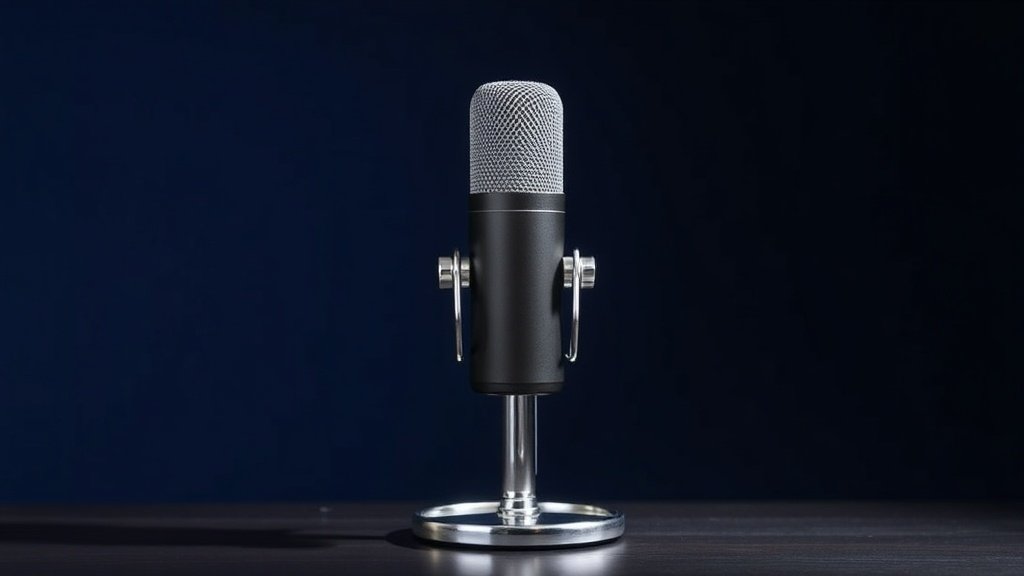 A single dynamic vocal microphone stands upright on a low-profile chrome desk stand, centered against a deep navy studio background. Soft diffused side lighting catches the fine mesh grille and cylindrical body, casting a subtle shadow to the right. The polished and matte metal surfaces reflect gentle highlights, giving the scene a sleek, professional editorial quality suited for an audio gear comparison article.