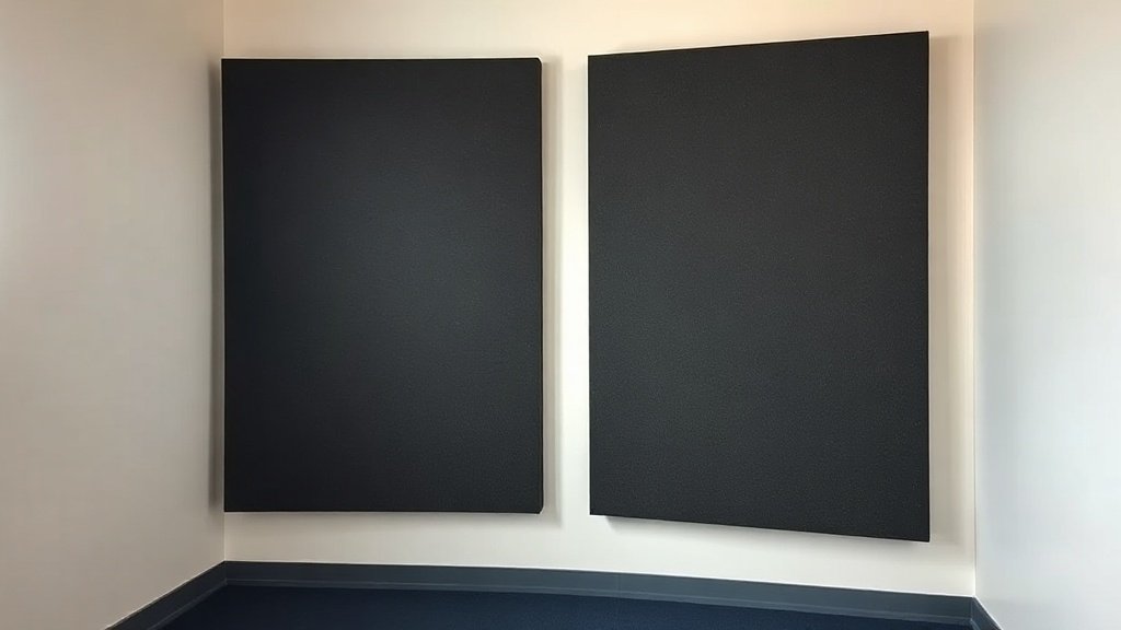 A pair of thick corner-mounted acoustic bass trap panels in a small professional studio, deep charcoal grey foam against an off-white wall, soft side lighting revealing texture and depth, clean minimal studio environment, no gear visible, photorealistic, 16 by 9 horizontal format, deep navy floor visible at base