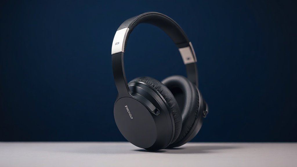 A pair of large over-ear studio reference headphones resting on a clean studio desk surface against a deep navy background, photographed with soft side lighting to reveal the ear cup texture and headband detail, photorealistic product photography, no people, no text, 16 by 9 horizontal format