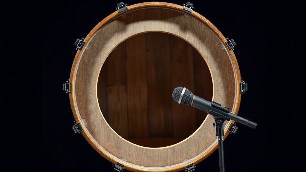 A large bass drum shell with a port hole cut into the front head, positioned centre frame against a deep navy background. A dynamic microphone on a low boom stand is aimed toward the drum shell interior. Soft directional side lighting reveals the texture of the drum wrap and metal hardware. Photorealistic, 16 by 9 horizontal, no people, no text.