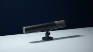 A sleek shotgun microphone rests on a minimal studio surface against a deep navy background, its elongated cylindrical body rendered in matte black with fine mesh detailing along the capsule housing. Soft directional side lighting catches the subtle texture of the barrel and the compact shock mount cradle beneath it, casting a gentle elongated shadow across the clean surface below.