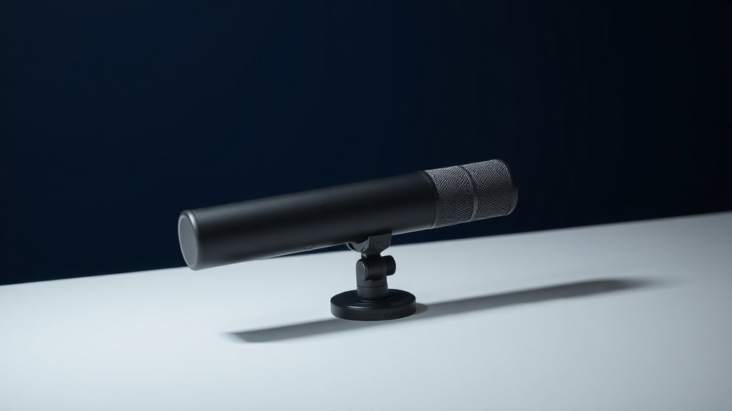 A sleek shotgun microphone rests on a minimal studio surface against a deep navy background, its elongated cylindrical body rendered in matte black with fine mesh detailing along the capsule housing. Soft directional side lighting catches the subtle texture of the barrel and the compact shock mount cradle beneath it, casting a gentle elongated shadow across the clean surface below.