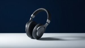 A single pair of large over-ear headphones resting upright on a minimal white surface against a deep navy studio background. The headphones feature wide padded ear cups and an extended adjustable headband suggesting generous sizing. Soft directional side lighting casts subtle shadows that emphasize the smooth curves and premium materials. Clean, spacious composition with plenty of breathing room around the subject.