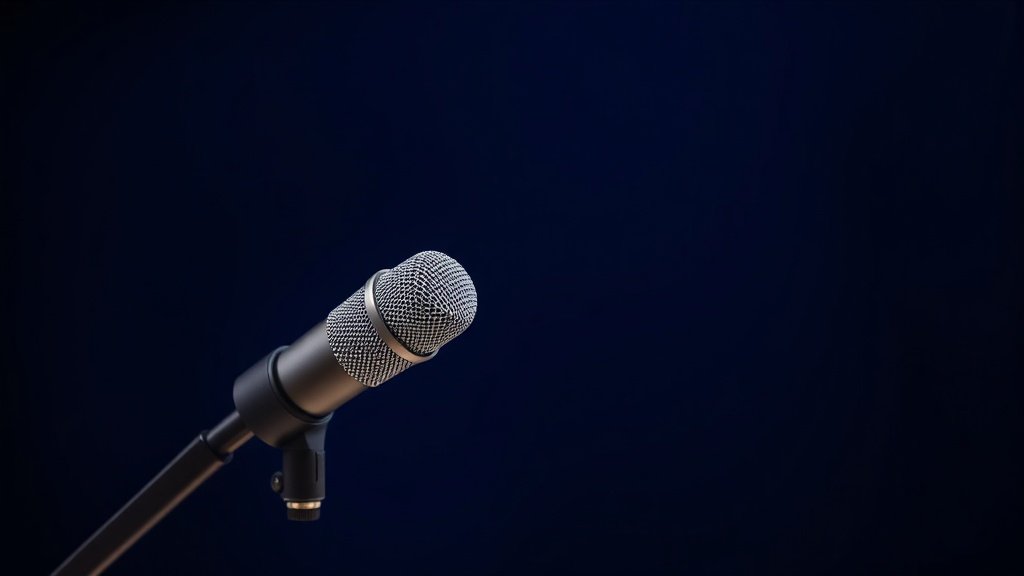 A single professional dynamic microphone mounted on a sleek desktop boom arm, angled slightly toward camera, centered against a deep navy studio backdrop. Soft diffused side lighting highlights the cylindrical body and fine mesh grille, casting a gentle shadow across the surface. The setup feels polished and broadcast-ready, with clean lines and a professional studio atmosphere.