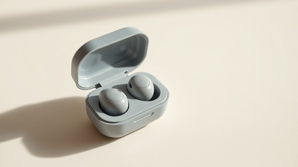 A pair of true wireless earbuds resting inside their open charging case, positioned at a slight angle on a smooth off-white surface. The case lid is propped open revealing the earbuds nestled inside. Soft directional studio lighting from the left casts gentle shadows, highlighting the glossy and matte surfaces of the compact earbuds. Clean minimal composition with shallow depth of field.