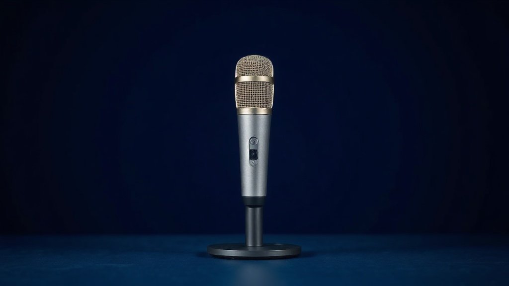 A single sleek USB condenser microphone stands upright on a minimal desk mount against a clean deep navy background. Soft diffused side lighting catches the brushed metal body and mesh grille, casting a subtle gradient shadow behind it. The microphone is centered in the frame with generous negative space, giving the composition a premium editorial feel.
