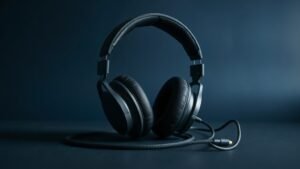 A single pair of professional over-ear studio headphones resting on a minimal surface against a deep navy background. The headphones feature large cushioned ear cups, an adjustable padded headband, and a coiled cable trailing naturally to one side. Soft directional side lighting catches the matte and metallic surfaces, revealing fine material textures and precise construction details with clean shadow gradients across the background.