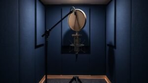 A compact home vocal recording setup inside a small treated room, featuring a large diaphragm condenser microphone mounted on a boom arm in front of a reflection filter, surrounded by dark acoustic foam panels on a deep navy background, soft side lighting, clean minimal composition, photorealistic, 16 by 9 format, no people, no text