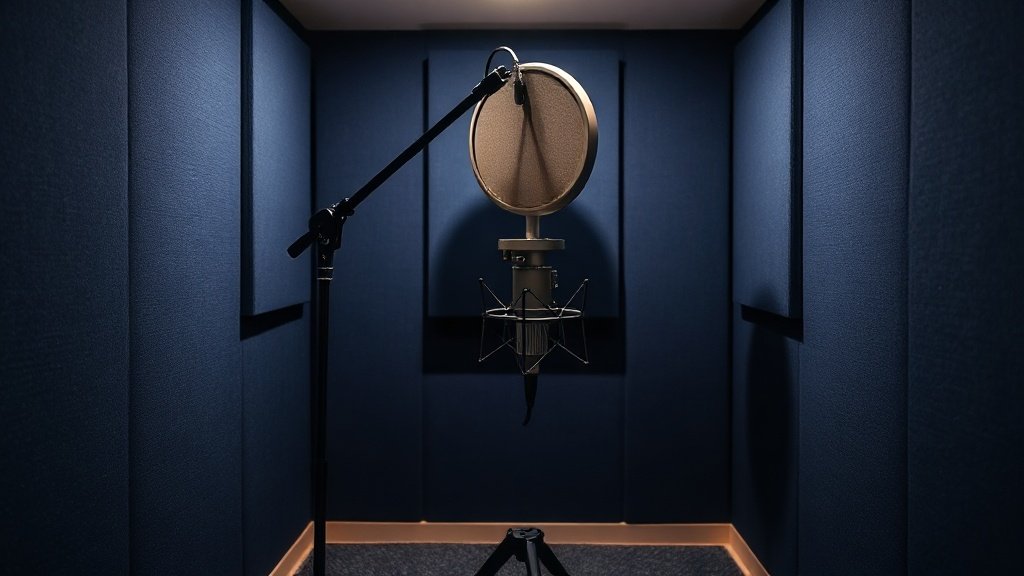 A compact home vocal recording setup inside a small treated room, featuring a large diaphragm condenser microphone mounted on a boom arm in front of a reflection filter, surrounded by dark acoustic foam panels on a deep navy background, soft side lighting, clean minimal composition, photorealistic, 16 by 9 format, no people, no text