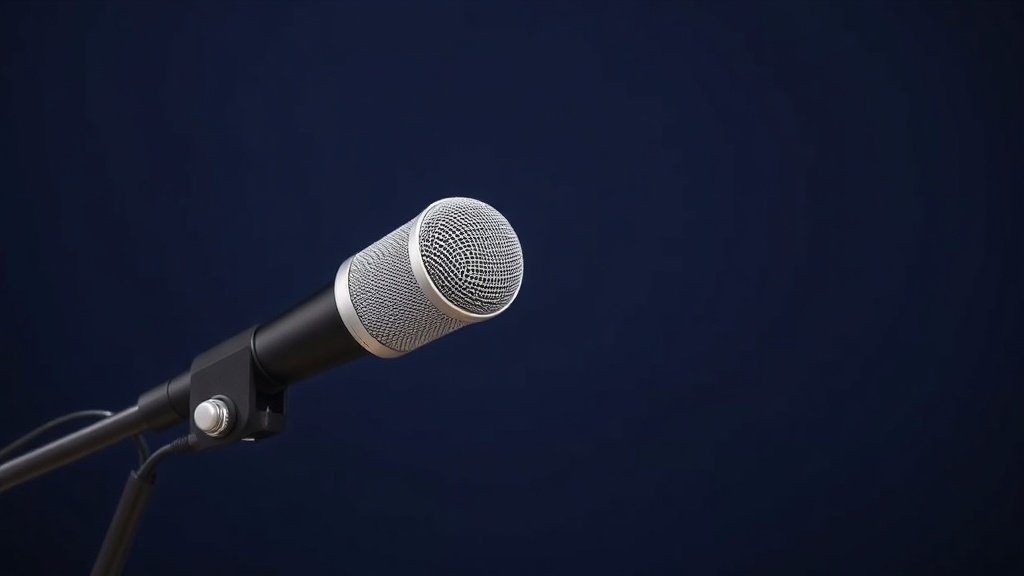 A single large-diaphragm dynamic broadcast microphone mounted on a sturdy desktop boom arm, positioned at a slight three-quarter angle against a deep navy studio background. Soft directional side lighting catches the cylindrical body and fine mesh grille, casting a gentle shadow behind. The scene feels clean, professional, and minimal, evoking a high-end radio or podcast recording environment.