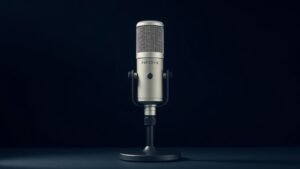 A single large-diaphragm condenser XLR microphone stands upright on a sleek black desktop microphone stand against a deep navy background. Soft directional studio lighting falls from the left, casting a gentle gradient shadow and highlighting the brushed metal body and precision mesh grille. The composition is clean, minimal, and centered with generous negative space on either side.