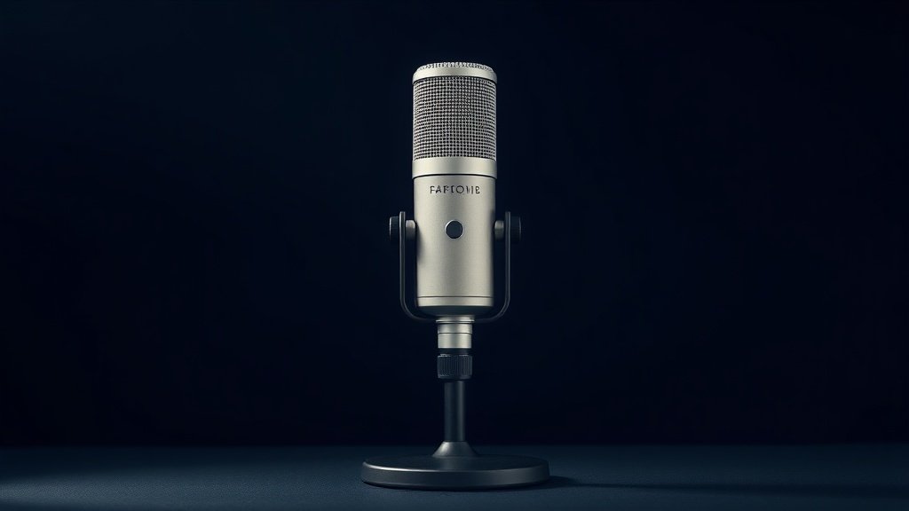 A single large-diaphragm condenser XLR microphone stands upright on a sleek black desktop microphone stand against a deep navy background. Soft directional studio lighting falls from the left, casting a gentle gradient shadow and highlighting the brushed metal body and precision mesh grille. The composition is clean, minimal, and centered with generous negative space on either side.