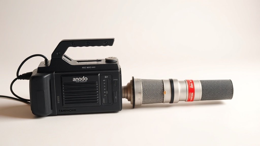 A professional portable field recorder and a large diaphragm condenser microphone placed side by side on a clean off-white studio surface, soft directional side lighting revealing texture and detail, no accessories, no cables, no hands, minimal composition, photorealistic, 16 by 9 horizontal format.