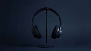 A single pair of premium over-ear headphones resting upright on a minimalist stand against a deep navy background. Soft diffused side lighting catches the fine mesh of the open-back ear cups and the gentle curve of the headband, casting subtle shadows that emphasize the precise engineering and lightweight construction. The mood is refined, technical, and elegant.