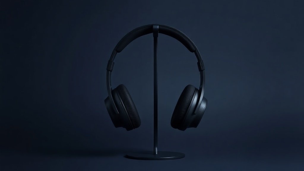 A single pair of premium over-ear headphones resting upright on a minimalist stand against a deep navy background. Soft diffused side lighting catches the fine mesh of the open-back ear cups and the gentle curve of the headband, casting subtle shadows that emphasize the precise engineering and lightweight construction. The mood is refined, technical, and elegant.