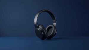 A single pair of sleek over-ear headphones resting on a smooth minimal surface against a deep navy background. Soft diffused side lighting catches the matte and glossy surfaces of the ear cups and headband, highlighting premium build quality and modern design. Clean negative space surrounds the headphones, emphasizing their compact foldable silhouette and commuter-ready aesthetic. Photorealistic studio photography, 16 by 9 format.
