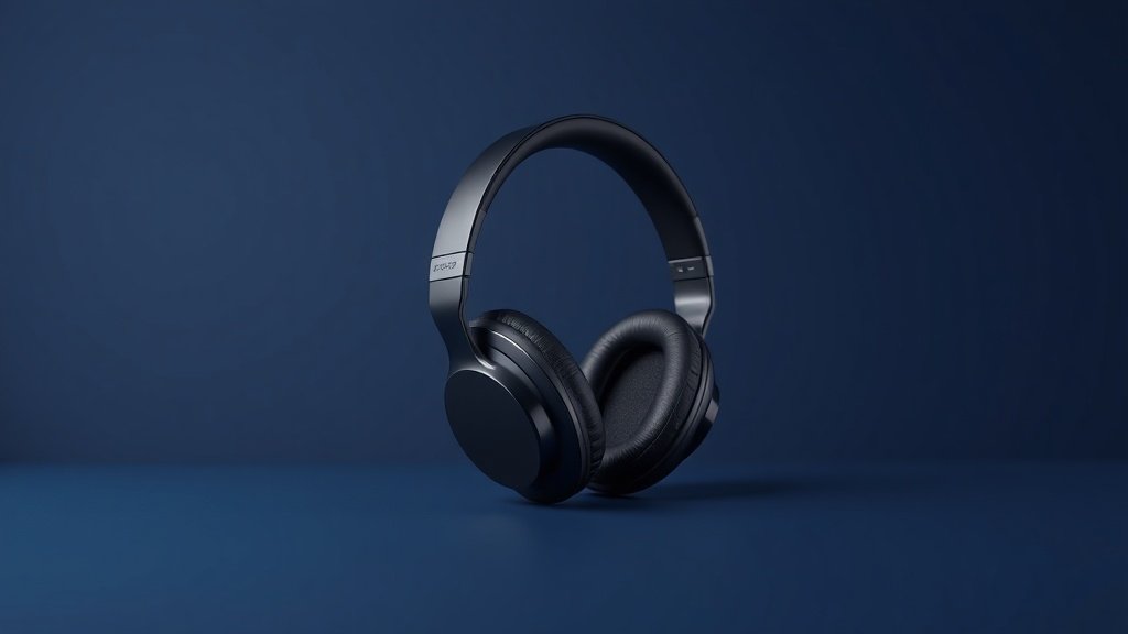 A single pair of sleek over-ear headphones resting on a smooth minimal surface against a deep navy background. Soft diffused side lighting catches the matte and glossy surfaces of the ear cups and headband, highlighting premium build quality and modern design. Clean negative space surrounds the headphones, emphasizing their compact foldable silhouette and commuter-ready aesthetic. Photorealistic studio photography, 16 by 9 format.