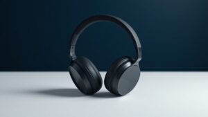 A single pair of premium over-ear headphones rests on a minimal white studio surface against a deep navy background. The headphones feature wide cushioned oval ear cups with generous padding depth, suggesting comfortable wear alongside eyeglass frames. Soft directional side lighting casts gentle shadows, highlighting the sleek matte finish and carefully sculpted headband. The composition is clean, centered, and elegantly simple.