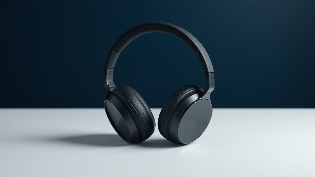 A single pair of premium over-ear headphones rests on a minimal white studio surface against a deep navy background. The headphones feature wide cushioned oval ear cups with generous padding depth, suggesting comfortable wear alongside eyeglass frames. Soft directional side lighting casts gentle shadows, highlighting the sleek matte finish and carefully sculpted headband. The composition is clean, centered, and elegantly simple.