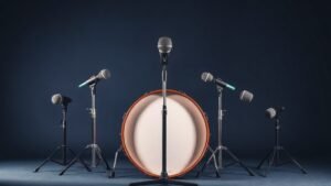 A professional drum microphone kit displayed as a single cohesive styled arrangement, with a large kick drum microphone positioned centrally and several smaller clip-on tom and snare microphones fanned out neatly beside it. Shot against a deep navy studio background with soft diffused side lighting casting gentle shadows. Clean minimal composition, sharp product detail, photorealistic studio photography, 16 by 9 horizontal format.