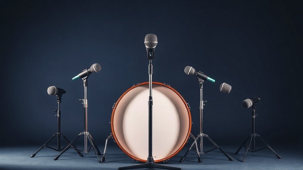 A professional drum microphone kit displayed as a single cohesive styled arrangement, with a large kick drum microphone positioned centrally and several smaller clip-on tom and snare microphones fanned out neatly beside it. Shot against a deep navy studio background with soft diffused side lighting casting gentle shadows. Clean minimal composition, sharp product detail, photorealistic studio photography, 16 by 9 horizontal format.