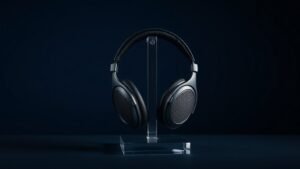 A single pair of premium open-back over-ear reference headphones resting on a minimalist black acrylic stand against a deep navy studio background. Soft side lighting catches the fine mesh ear cup grilles and matte metal headband, casting gentle shadows across the surface. The composition is clean and centered, emphasizing craftsmanship and audiophile precision in a polished professional product photography style.