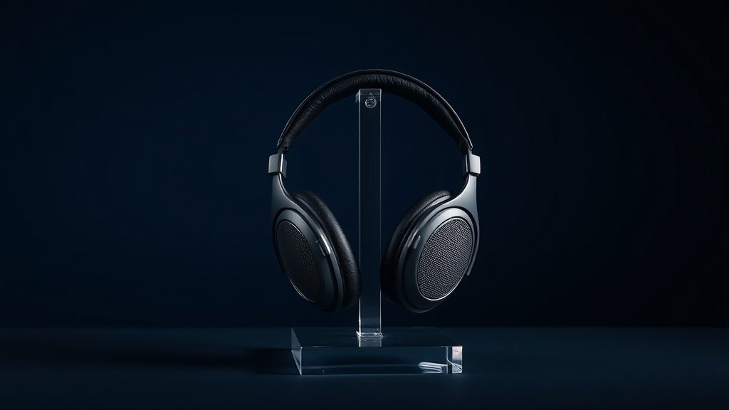 A single pair of premium open-back over-ear reference headphones resting on a minimalist black acrylic stand against a deep navy studio background. Soft side lighting catches the fine mesh ear cup grilles and matte metal headband, casting gentle shadows across the surface. The composition is clean and centered, emphasizing craftsmanship and audiophile precision in a polished professional product photography style.