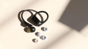 A pair of modern sport in-ear headphones with ear hooks resting on a clean off-white surface beside a small silicone ear tip selection, soft directional side lighting from the left, minimal composition, photorealistic product photography, 16 by 9 horizontal, deep shadow on right side, no text, no hands, no people.