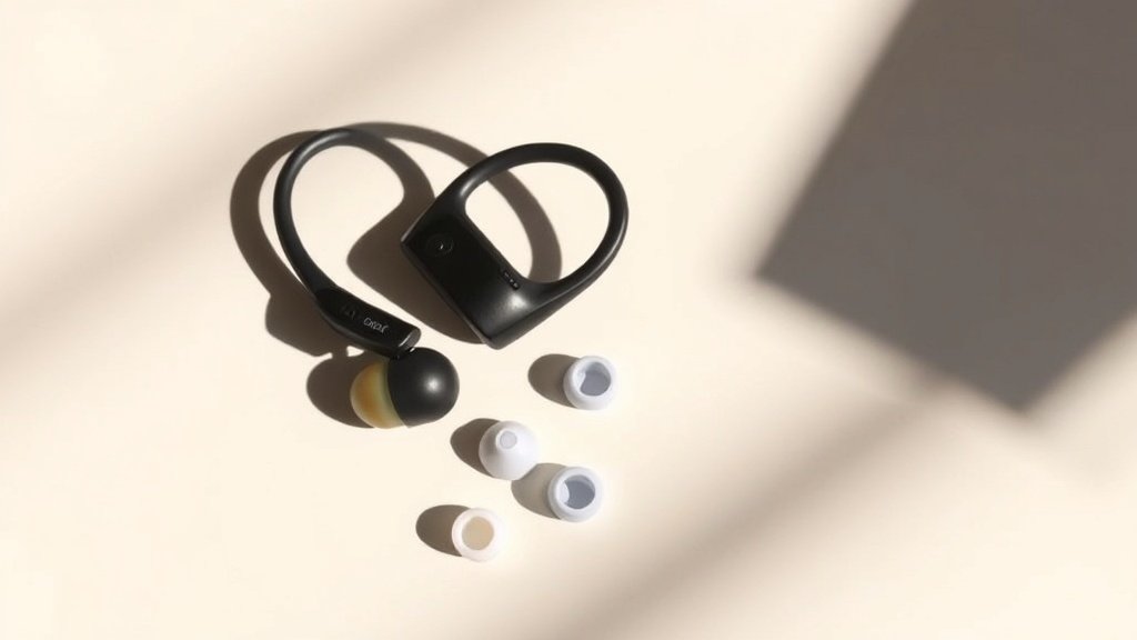 A pair of modern sport in-ear headphones with ear hooks resting on a clean off-white surface beside a small silicone ear tip selection, soft directional side lighting from the left, minimal composition, photorealistic product photography, 16 by 9 horizontal, deep shadow on right side, no text, no hands, no people.